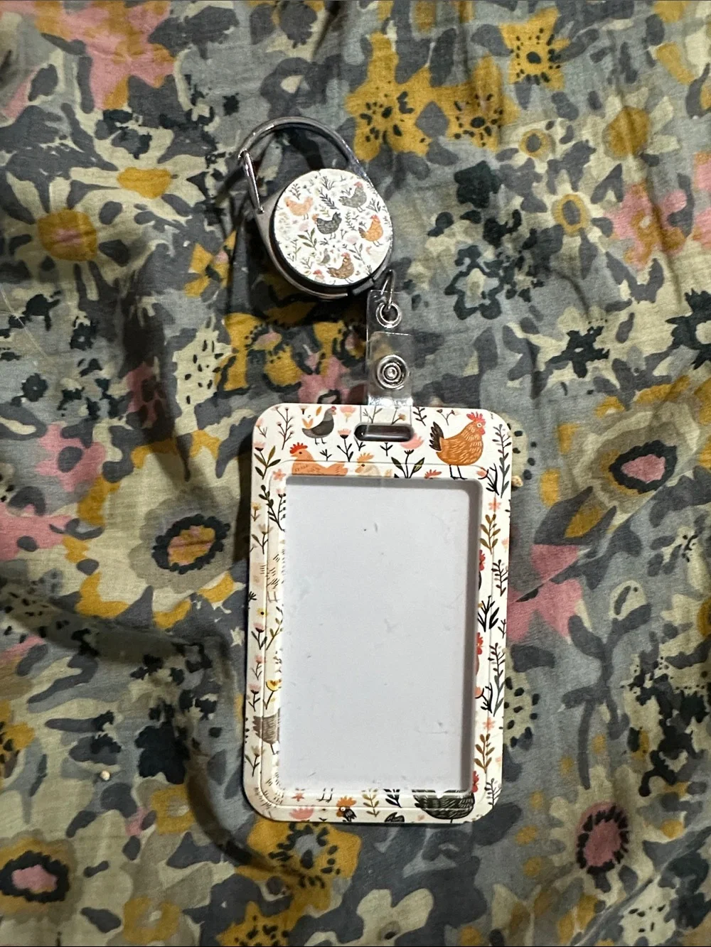 Floral Chicken ID Badge Holder with Matching Reel — White, Orange, Black, Pink